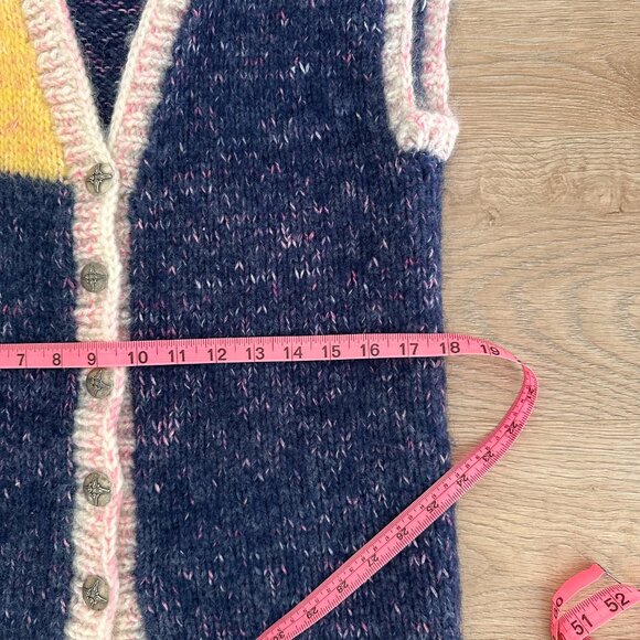 Handmade Knit Wool Button Down Knit Vest sz M - Marled Blue & Pink / Yellow - Picture 11 of 11